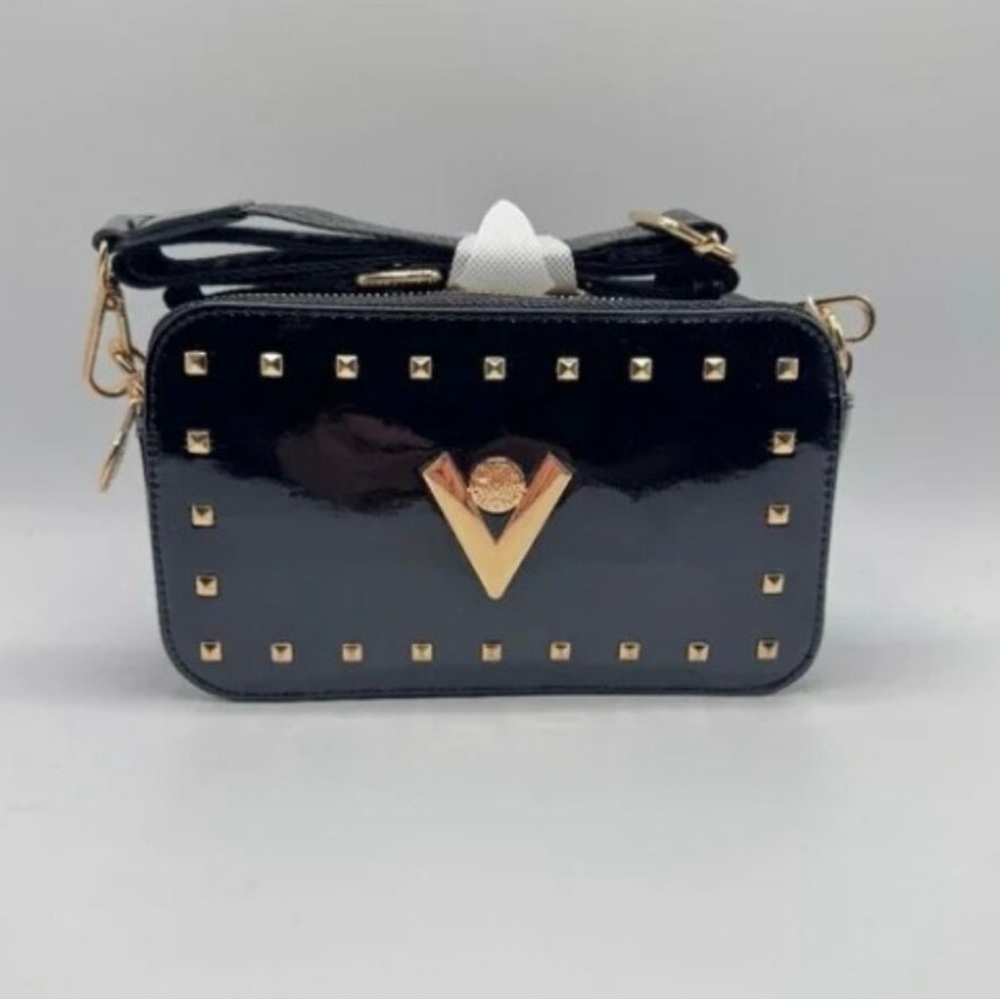 Valentino Orlandi Black Patenth Leather Gold Studded Camera Bag